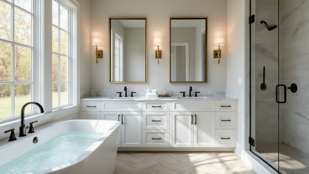 "Luxurious transitional bathroom with marble vanity, white cabinets, herringbone floor tiles, and freestanding tub bathed in warm, natural light"