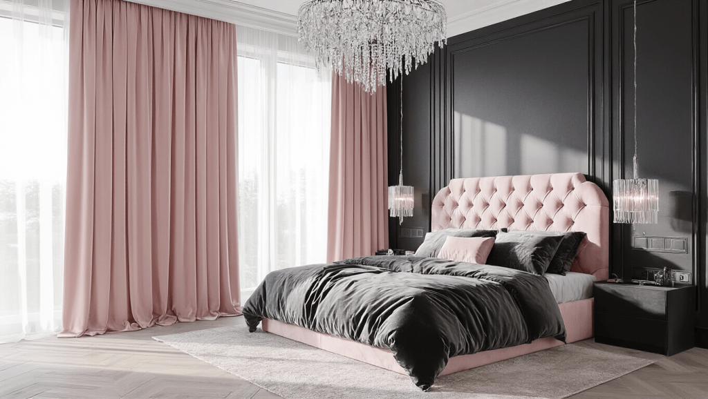 "Luxurious modern bedroom with black accent wall, pink silk curtains, crystal chandelier, and velvet headboard in soft morning light"