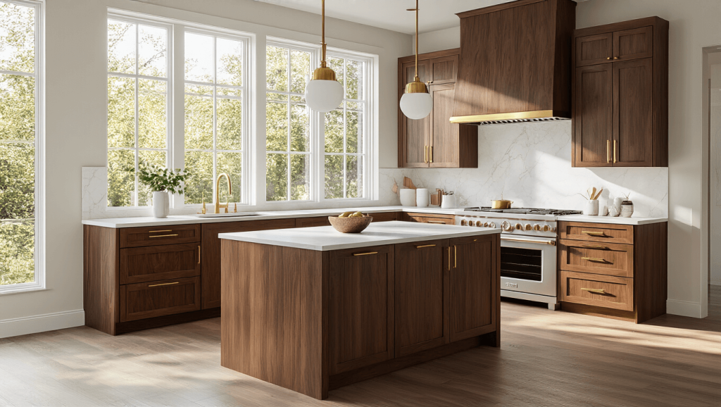 "Luxury kitchen interior with walnut cabinets, white quartz countertops, brushed brass hardware, and natural sunlight streaming through large windows"