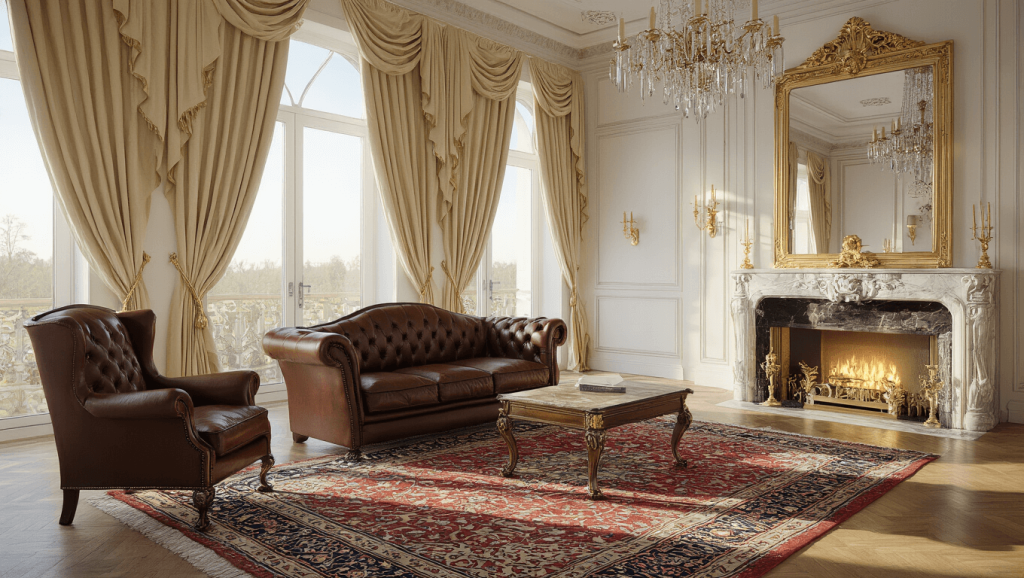 Elegant living room featuring a mahogany leather armchair, Persian rug, marble fireplace, gilt mirror, cream drapes, bathed in golden hour lighting.