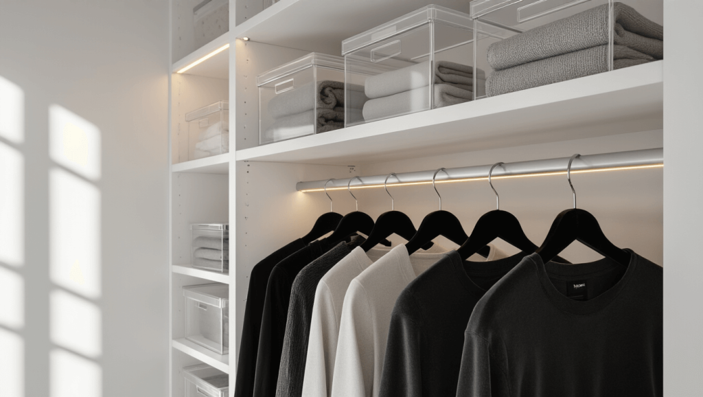 "Modern minimalist closet with black velvet hangers, clear storage boxes, LED lighting and white shelves"