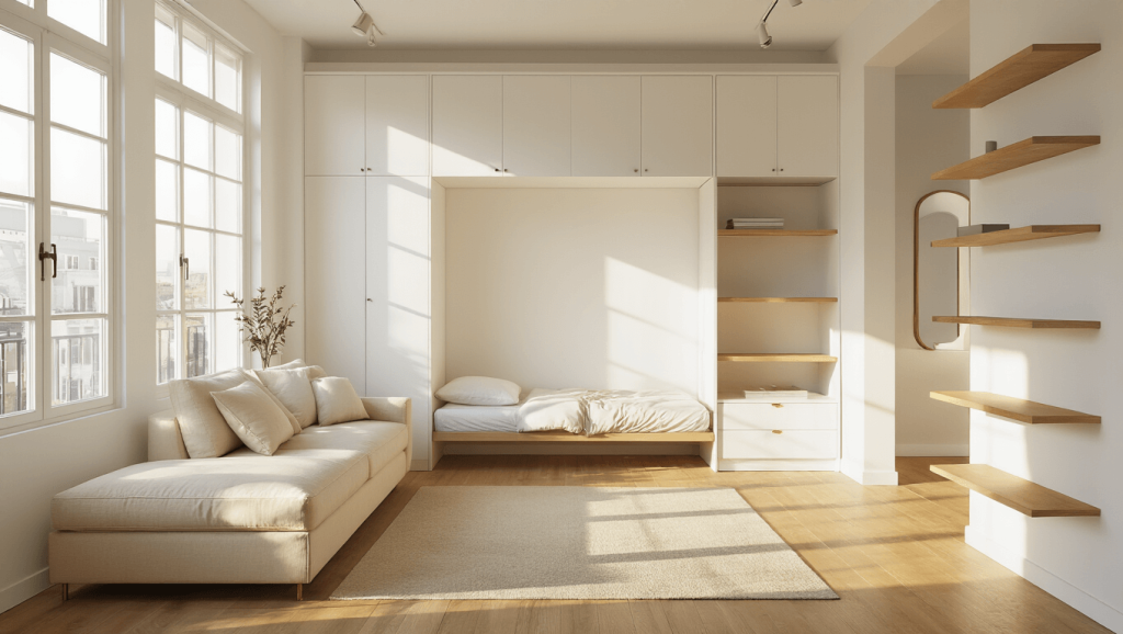 "Minimalist studio apartment with white walls, oak floors, Murphy bed, linen sectional, floating shelves, and golden hour sunlight streaming through large windows"