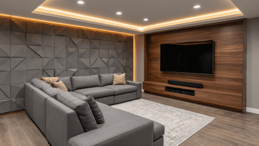 "Modern basement entertainment room with plush grey sectional, walnut media wall with mounted 75-inch TV, ambient lighting, and geometric acoustic panels"
