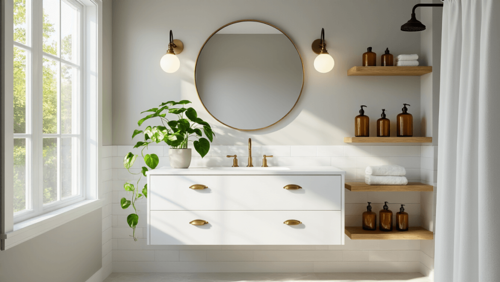 "Minimalist bathroom with floating vanity, brass hardware, black fixtures, and natural light"