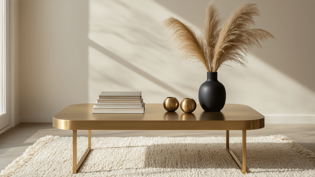 "Modern brass coffee table styled with books, pampas grass in a vase, and geometric decor, on a cream Moroccan rug in natural sunlight."