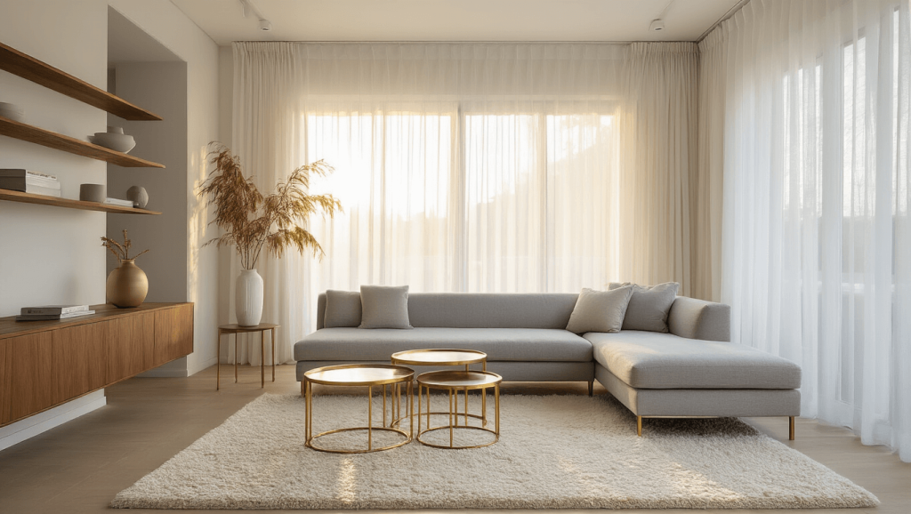 "Modern bright living room with gray chaise sofa, brass nesting tables, ivory wool rug, walnut shelves, and warm sunlight through sheer curtains"