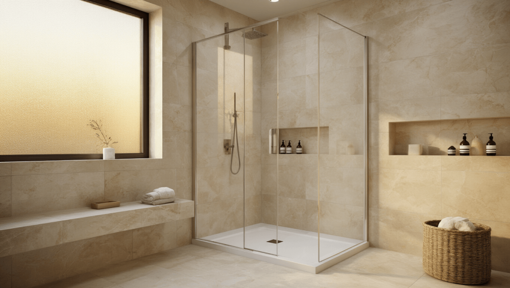 "Modern minimalist bathroom with corner frameless glass shower, ivory porcelain tiles, and warm golden hour light filtering through frosted window"