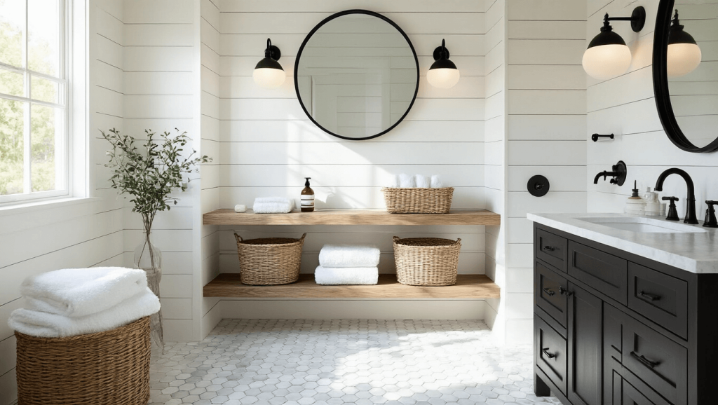 "Modern farmhouse bathroom with white shiplap walls, black fixtures, marble hexagonal tiles, and sunlit interior"
