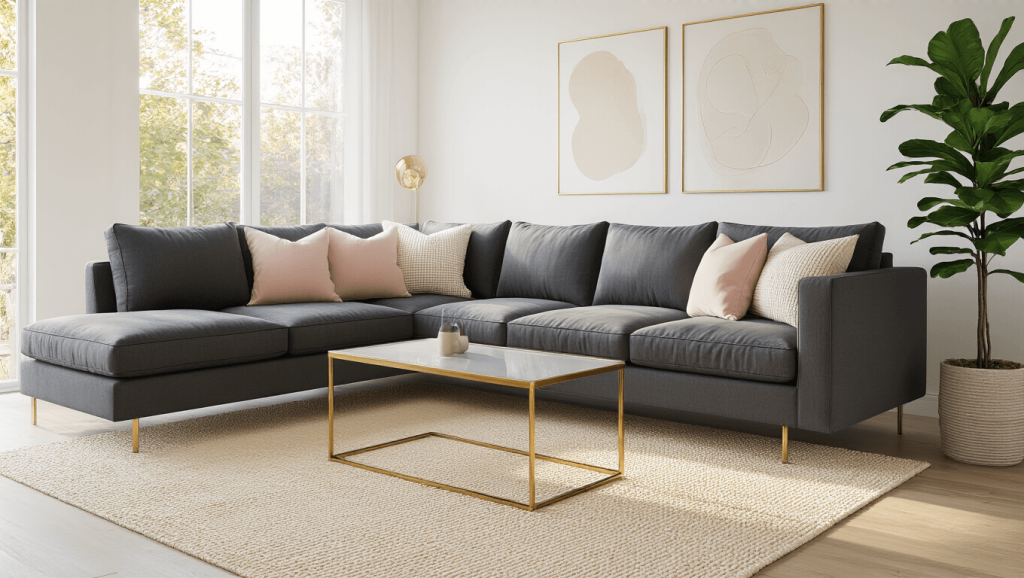 "Stylish modern Scandinavian living room with dark grey couch, brass coffee table, cream rug, and minimalist decor in natural morning light"