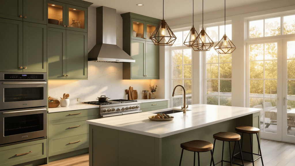 "Modern chef's kitchen with white quartz island, sage green cabinets, and layered lighting in warm golden hour light"