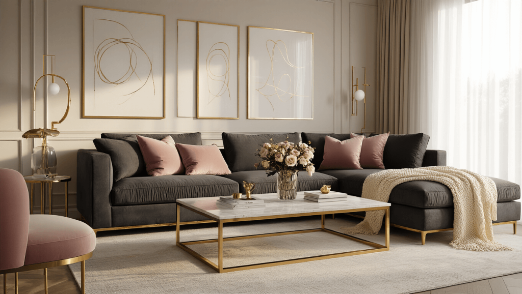"Modern luxurious living room with charcoal sofa, golden accents, brass marble coffee table, blush throw pillows, cream knit blanket, and abstract wall art."