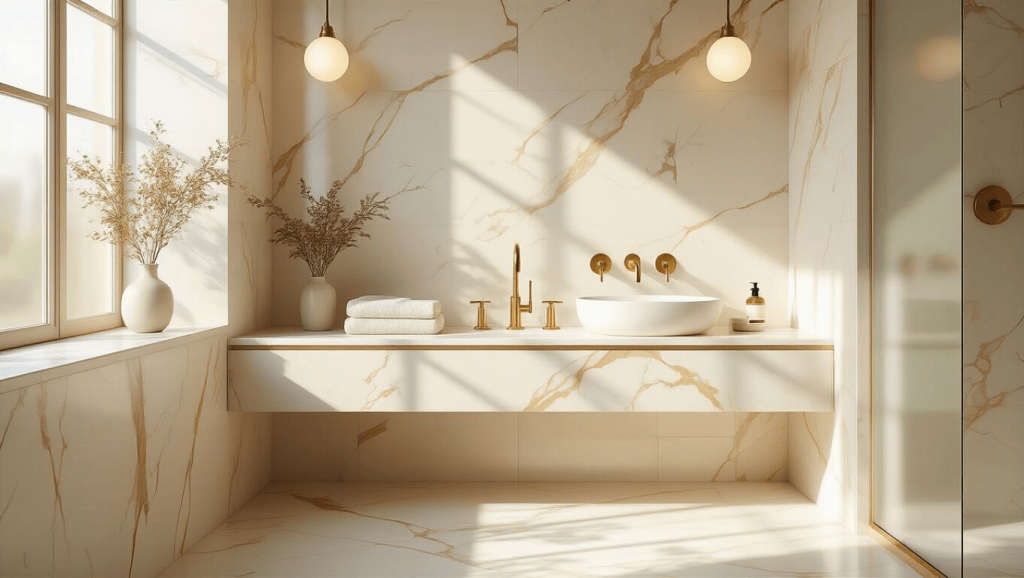 "Modern luxurious small bathroom with marble tiles, brass fixtures, and bright natural light streaming through frosted window"