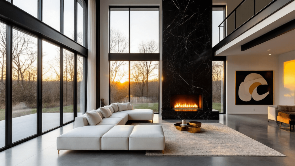 "Modern two-story living room with floor-to-ceiling black marble fireplace, surrounded by glass windows and complemented by white sectional, brass accents and abstract art."