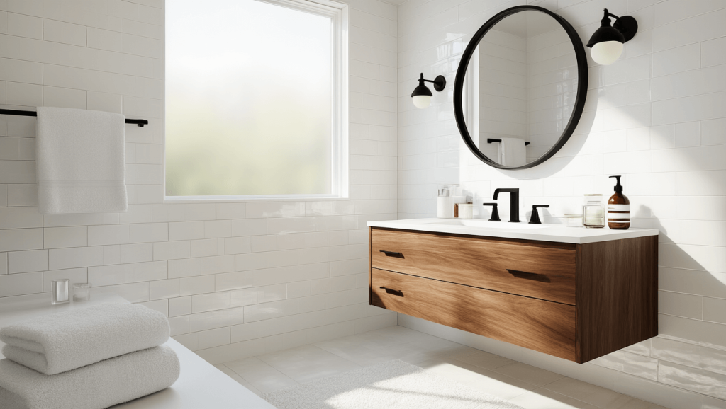 "Modern bathroom with white subway tiles, a floating walnut vanity, black fixtures, natural sunlight from a frosted window, styled with white towels and simple glass containers"