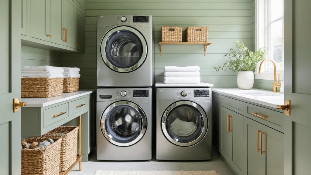 "Modern, bright laundry room with sage green shiplap wall, stacked front-loading machines, brass accents, quartz countertop, and natural woven storage baskets"