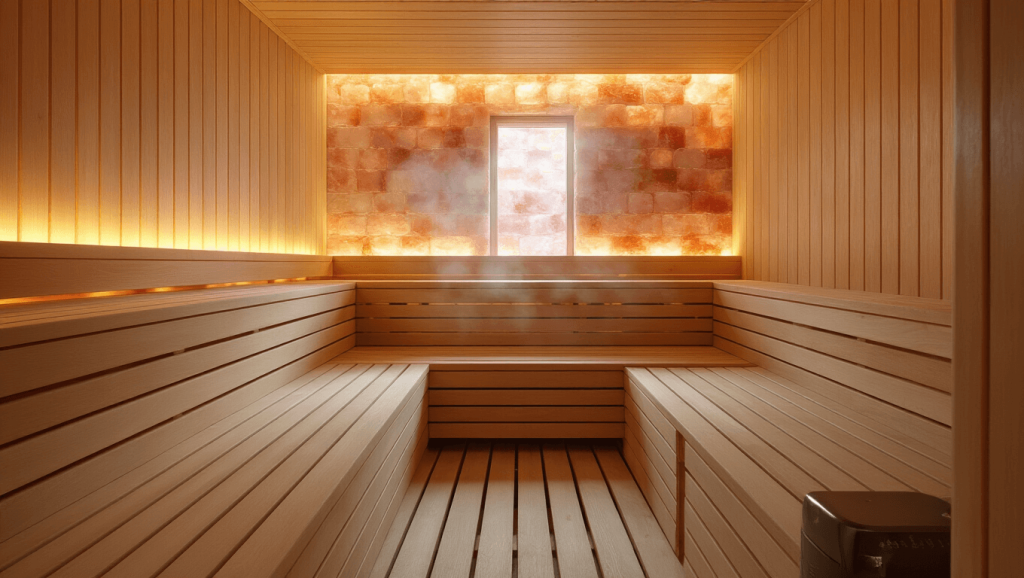 "Interior view of a modern Scandinavian sauna with cedar benches, Himalayan salt wall panels, and golden hour steamed light through a window."