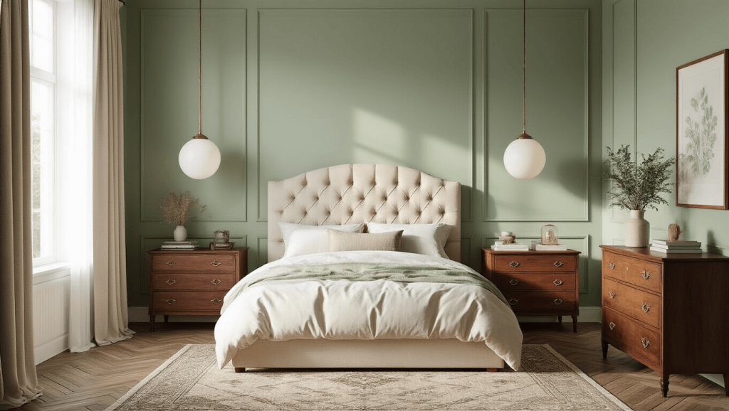 "Modern vintage bedroom with sage green walls, tufted headboard, brass accents, and herringbone floors bathed in morning light"