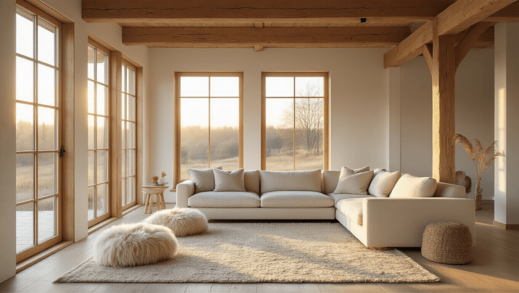 "Modern Nordic cabin interior with warm sunlight streaming through large windows, a cream-colored sofa, exposed wooden beams, minimal decor, and sheepskin throws on white oak floors during golden hour"