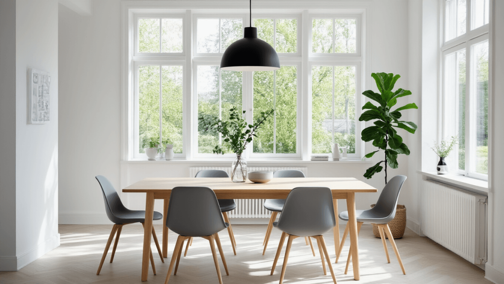 "Bright, minimalist Scandinavian dining room with pale oak table, grey chairs, and a black pendant lamp, in a room filled with natural light"