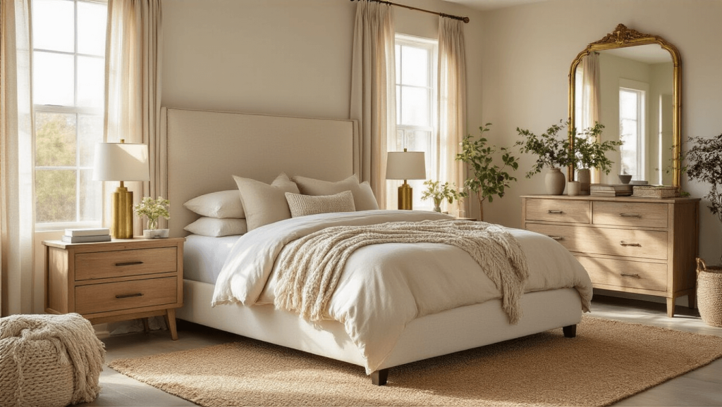 "Serene beige bedroom interior with cream upholstered bed, oak nightstands, brass accents, and natural textures illuminated by warm morning light"