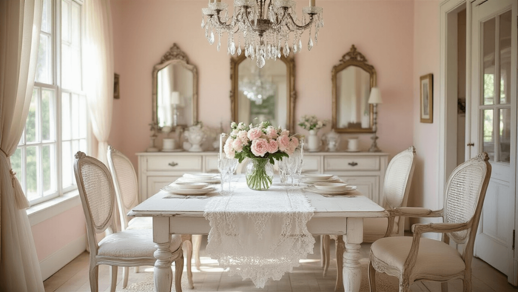 "Shabby chic dining room with distressed white table, vintage chairs, crystal chandelier, and soft natural light"