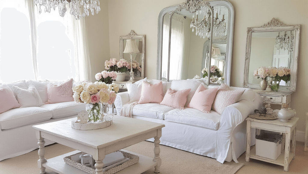 "Shabby chic living room with white slipcovered sofa, vintage mirrors, crystal chandelier, pastel pillows, fresh peonies on distressed coffee table, in soft filtered light creating a romantic atmosphere"