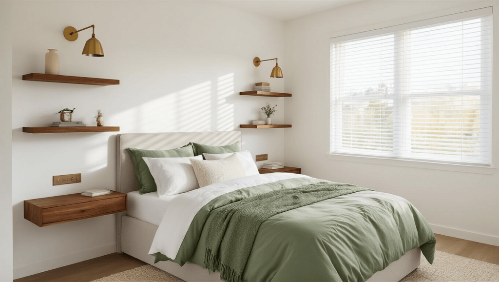 "Serene bedroom interior at sunset with white walls, a queen-sized bed, floating shelves, brass accents, and natural light streaming through sheer blinds"