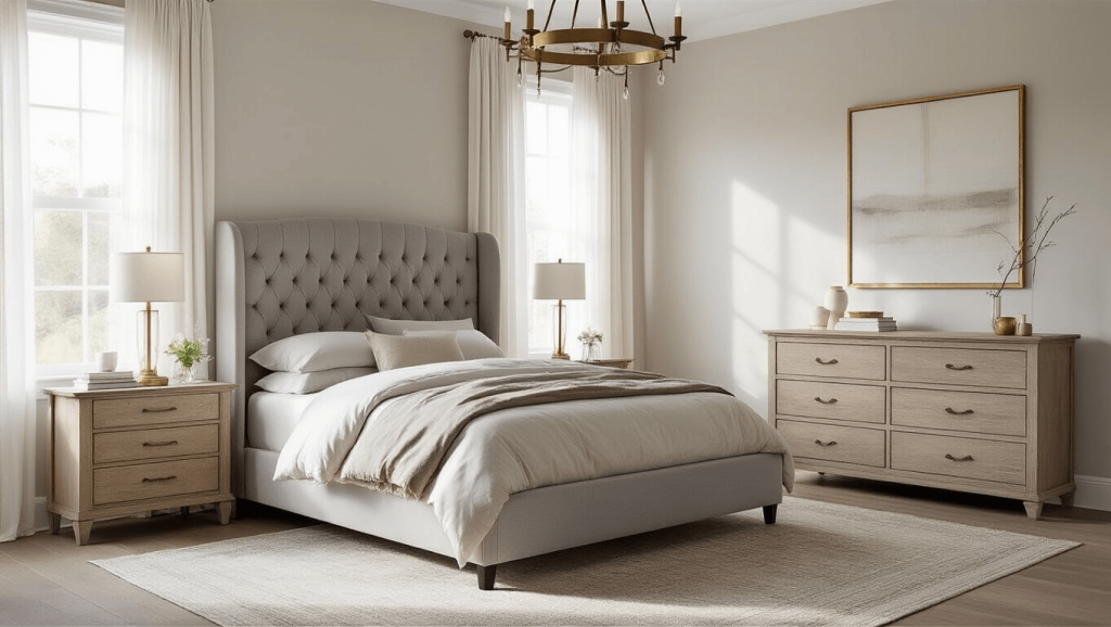 "A transitional bedroom in morning light featuring pearl-gray tufted king bed, weathered oak nightstands and a brass chandelier".