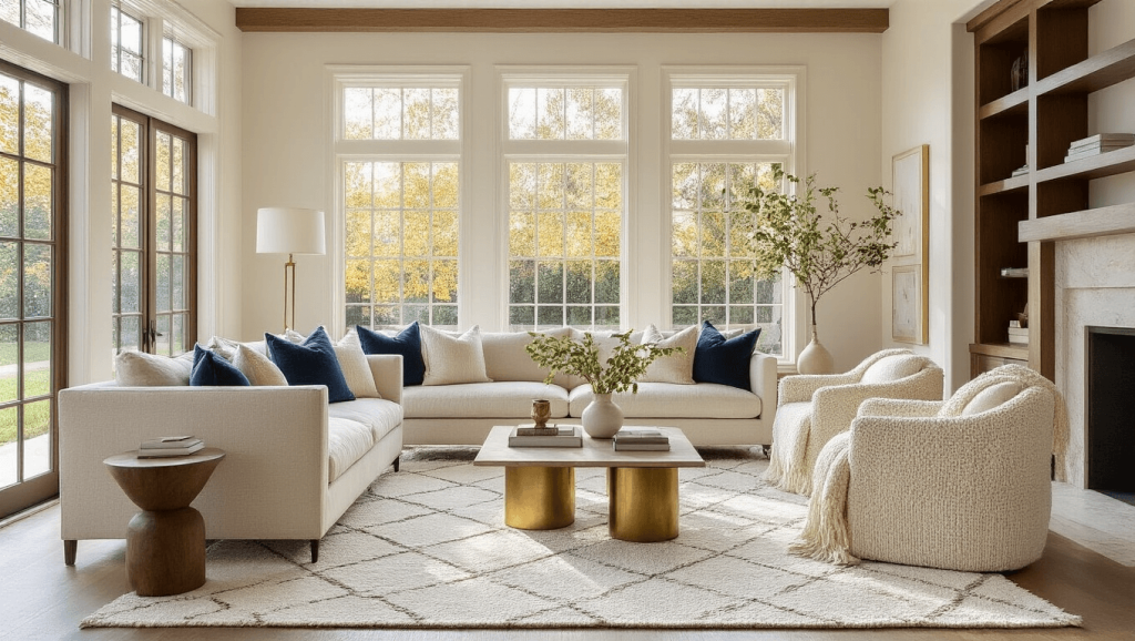 "Sunlit transitional living room with oatmeal linen sofa, cream bouclé chairs, dark walnut tables, and white oak floors, featuring a marble fireplace and built-in shelving."