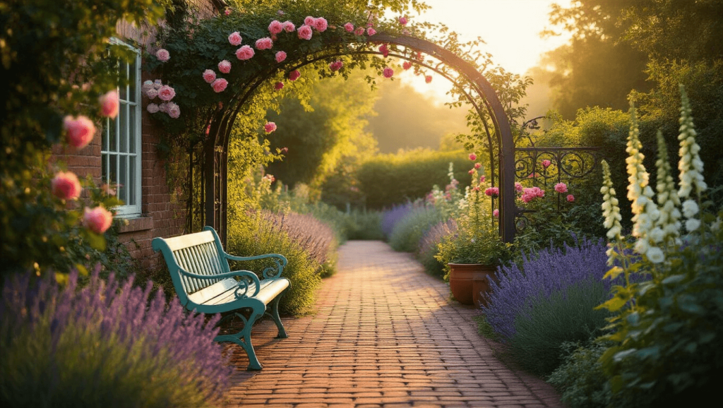 "Sunset over a vintage cottage garden with brick path, lavender borders, a wrought-iron arbor covered in roses, and a weathered bench"