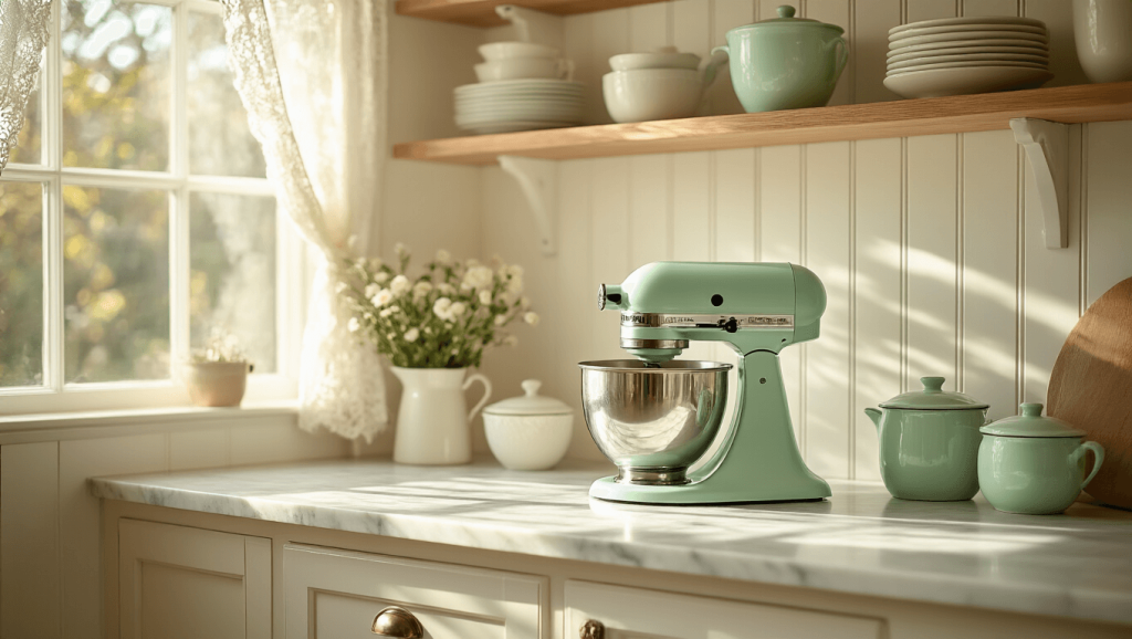 "Vintage kitchen with mint mixer on marble counters, pastel pottery on open shelves, and sunlit oak floors"