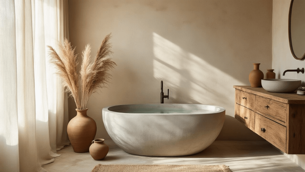 "Serene bathroom interior with concrete soaking tub, weathered teak wood vanity, dried pampas grass in vase, and textured clay walls in natural morning light"