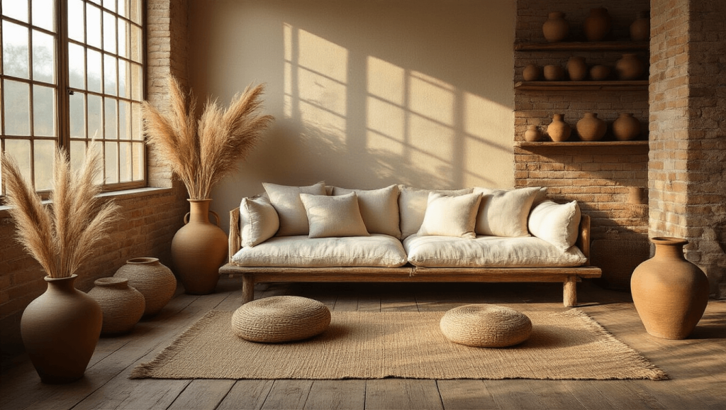 "Sunlit wabi-sabi styled living room with natural materials and earthy tones, featuring a linen sofa, rustic wooden shelves with pottery, and a brick wall."