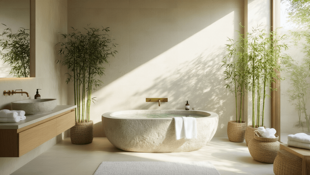 "Serene modern bathroom with stone soaking tub, teak vanity, and bamboo plants under soft morning light"