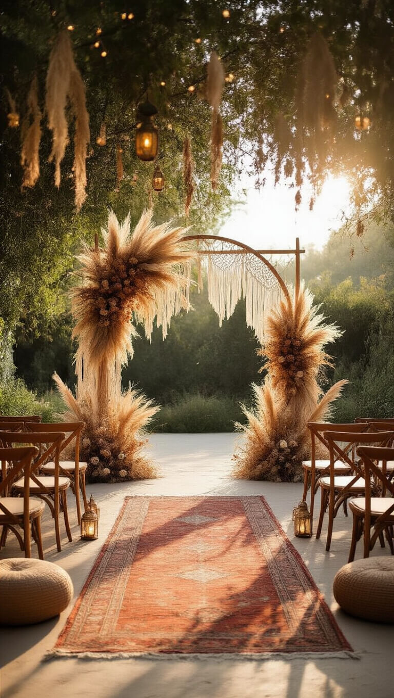 Boho outdoor garden ceremony with macramé arch, dried florals, vintage runners, brass lanterns, and fairy lights at golden hour.