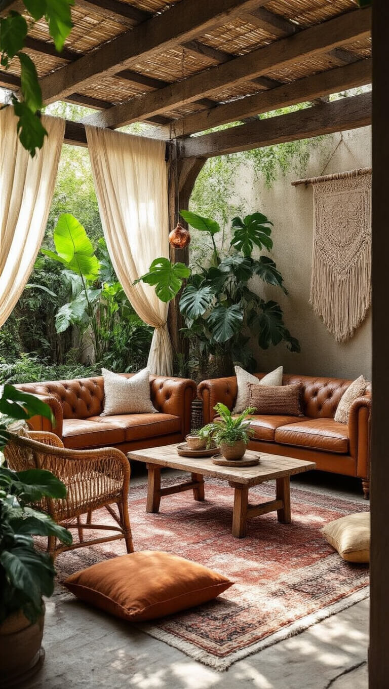 Boho lounge beneath wooden pergola with vintage leather sofa, rattan chairs, Moroccan rugs, lush potted plants, macramé wall art, and cozy floor cushions viewed from elevated angle.