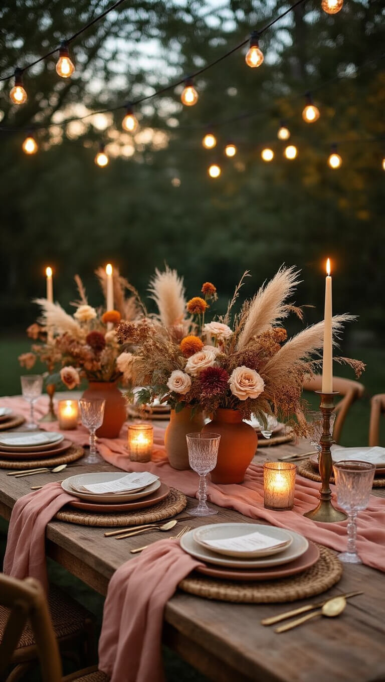 Bohemian dining table with pampas grass centerpiece, silk runners, brass candlesticks, ceramic plates, and crystal goblets under string lights at dusk.