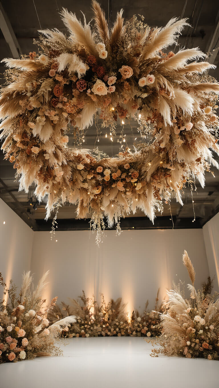 Suspended 6ft circular floral installation with pampas grass, bleached ruscus, wild roses, and fairy lights in warm earth tones, viewed from below against dramatic evening lighting.