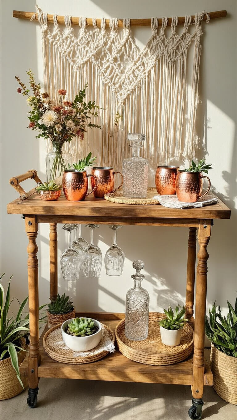 Boho-style bar cart with copper mugs, crystal decanters, and botanical garnishes, set against a macramé backdrop with dried flowers and accented by natural textures and afternoon light.