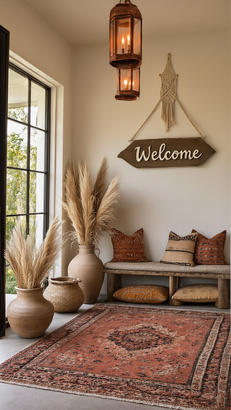Cozy 10x12ft entrance with vintage rug, wooden welcome sign, pampas-filled ceramic pots, mudcloth pillows, and hanging copper lanterns glowing at sunset.