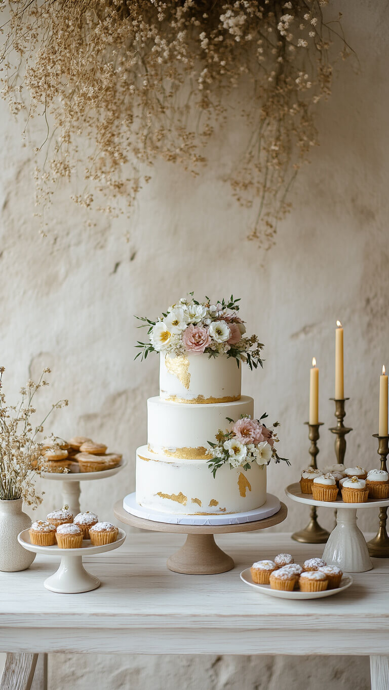Boho dessert display with a three-tier naked cake, fresh flowers, gold leaf, assorted desserts on ceramic and glass stands, dried flower wall installation, and vintage brass candleholders with beeswax candles.