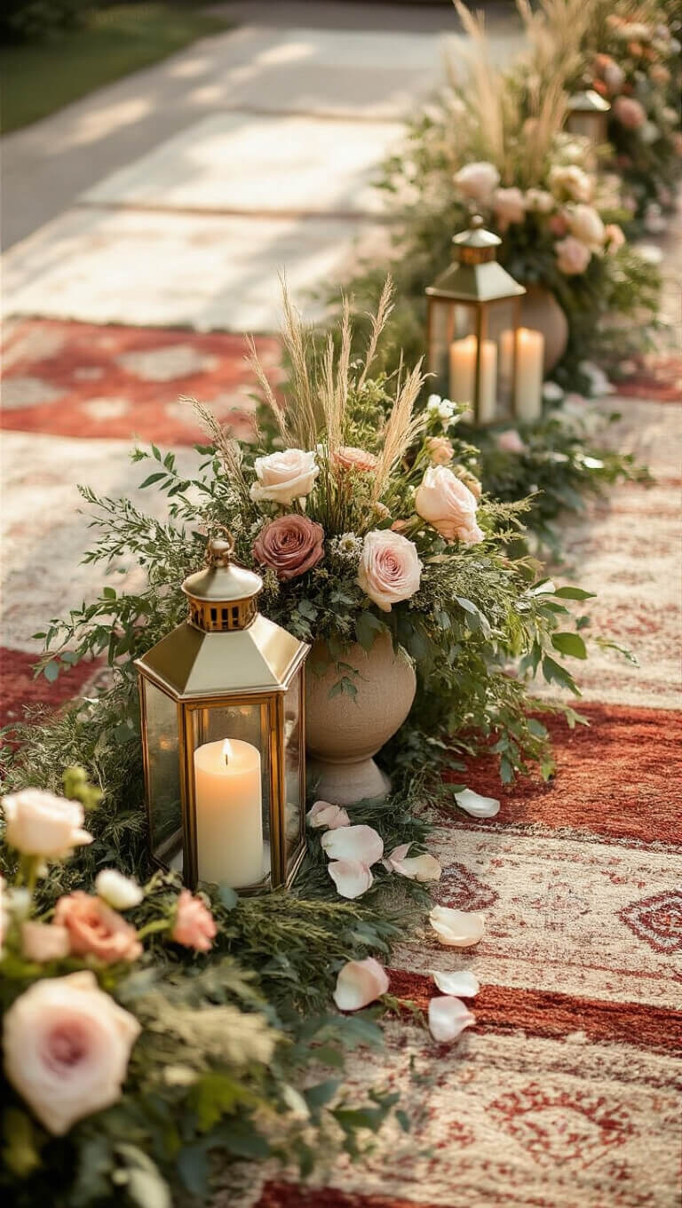 Close-up of ceremony aisle with layered vintage rugs, brass lanterns, pillar candles, loose greenery, scattered petals, and low floral arrangements in soft sunlight.