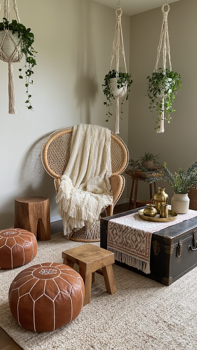 Cozy lounge vignette with peacock chair, leather poufs, wooden stools, macramé plant hangers, and vintage trunk coffee table styled with brass decor and fabric runner.