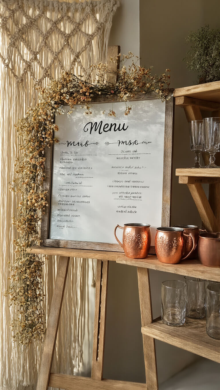 Bar menu on mirror with dried flower garland, copper mugs, vintage glassware on wooden shelves, macramé backdrop, warm late afternoon lighting.