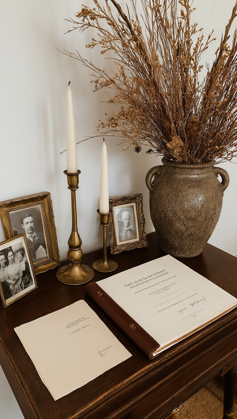 Antique writing desk with leather-bound guest book, dried floral arrangement, vintage photos in brass frames, and taper candles, evoking a nostalgic, personal atmosphere.