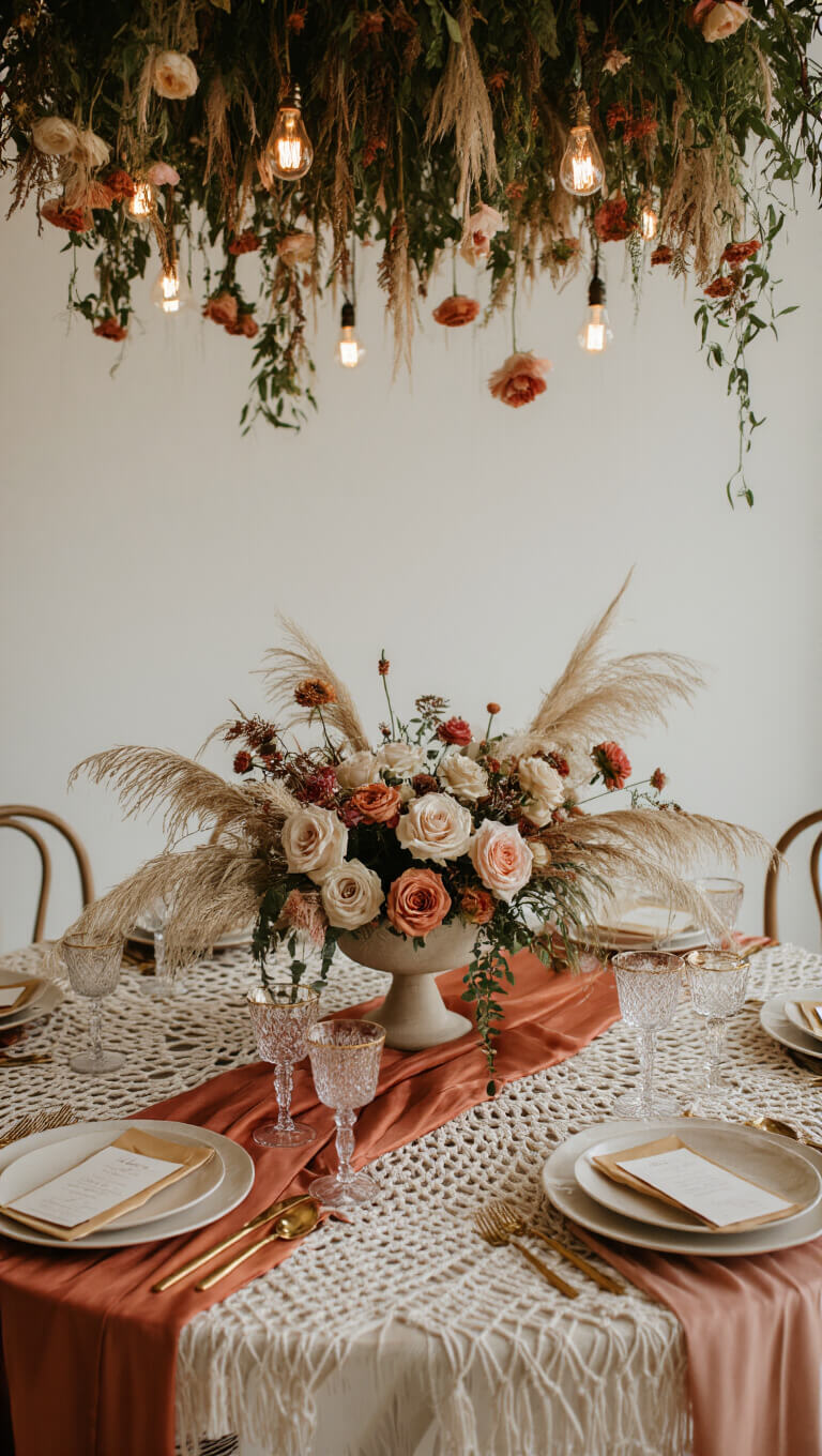 Romantic sweetheart table with macramé overlay, lush floral centerpiece, silk runners, vintage place settings, and dried flower installation overhead.