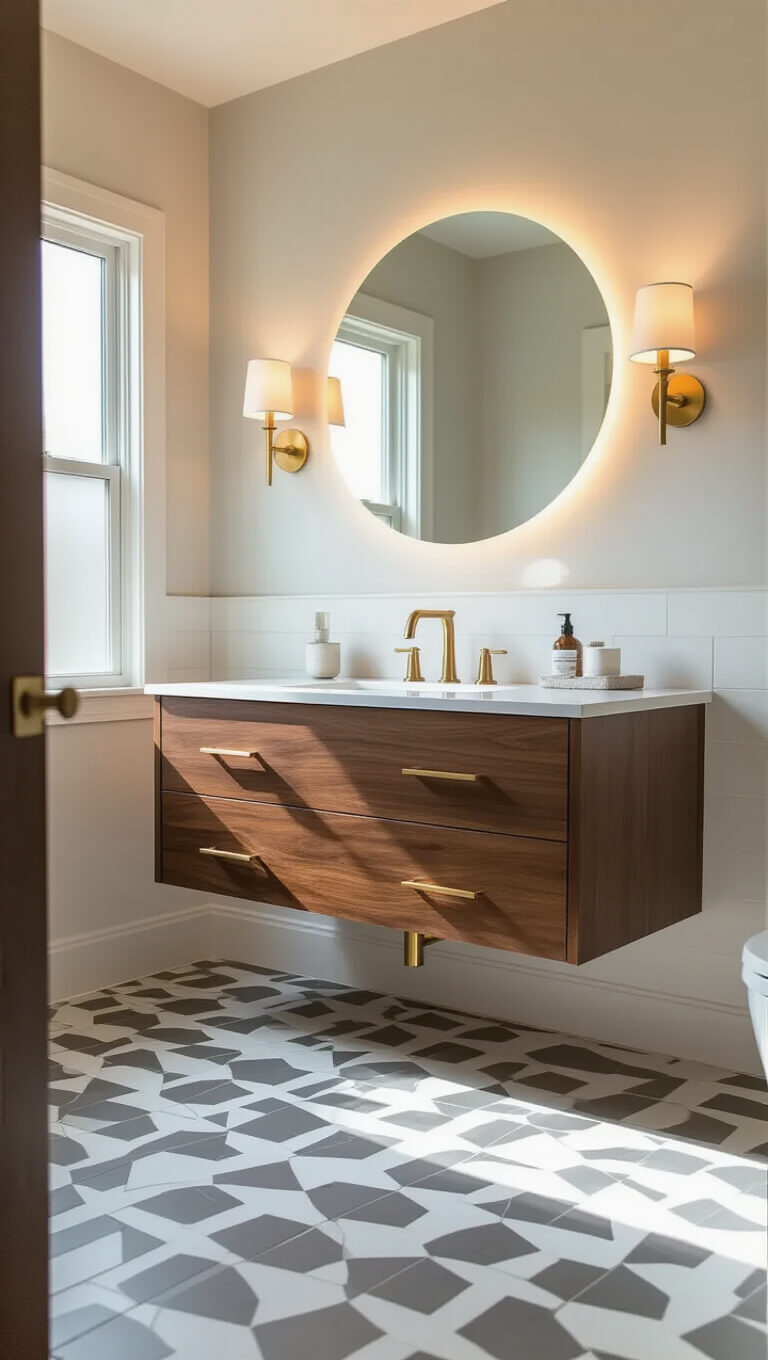 Modern 8x10ft bathroom with floating walnut vanity, brass hardware, quartz countertop, circular backlit mirror, geometric tile floor, and soft morning light.
