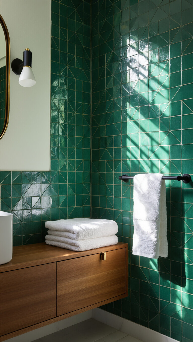 Emerald green geometric tile accent wall in small bathroom corner with sunlit teak storage unit, brass details, and white towels on matte black bar.