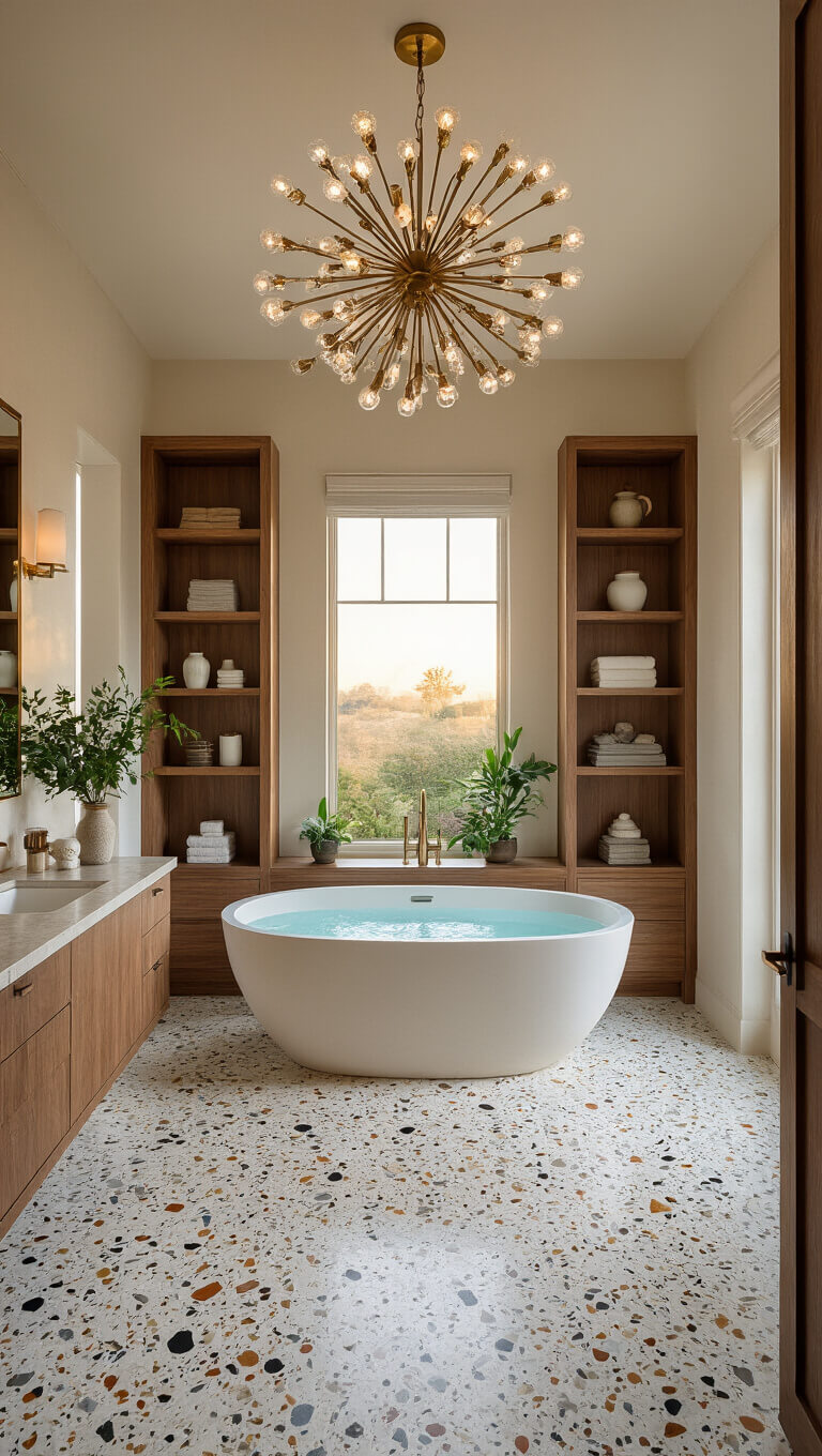 Luxurious 10x12ft master bathroom at golden hour with terrazzo floor, freestanding oval tub under sputnik chandelier, and walnut shelving with ceramics and plants, viewed from high corner angle.