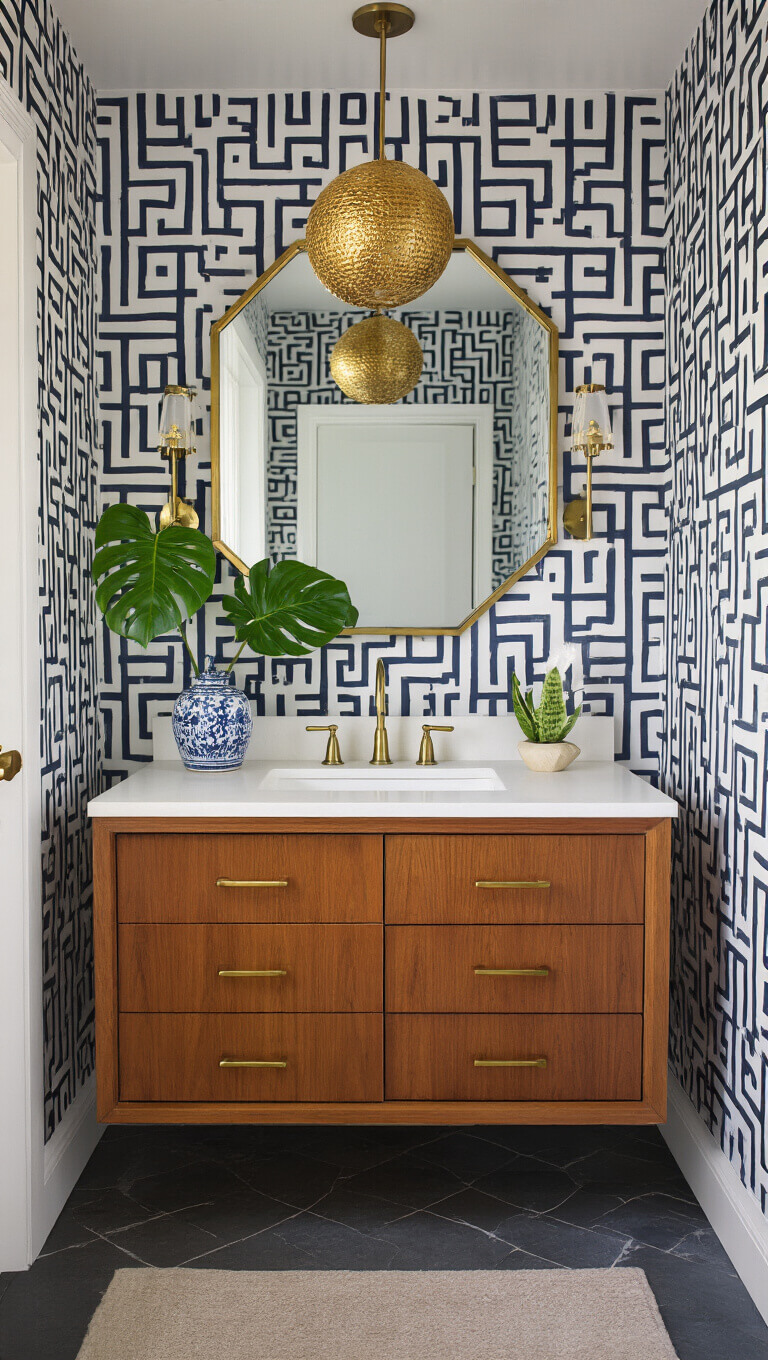 Cozy 5x7ft powder room with navy and gold geometric wallpaper, floating brass mirror, globe pendant light, compact teak vanity, and monstera leaf in ceramic vase, photographed straight-on at dusk with moody lighting.